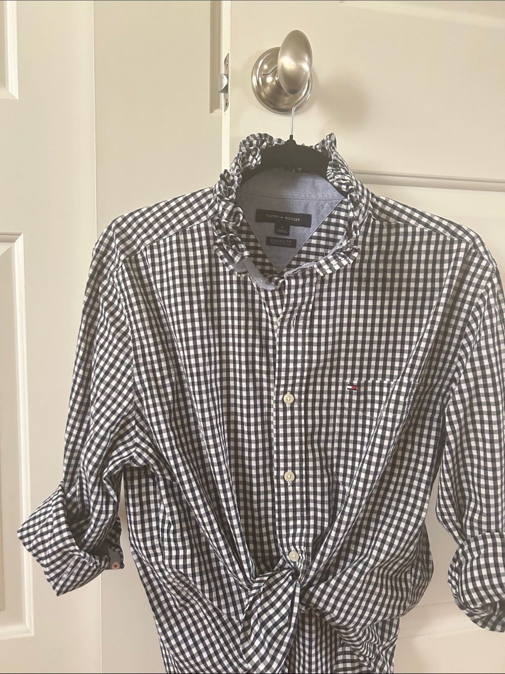 Tommy Hilfiger Navy & White Gingham Button-Down Shirt recreated for a woman.